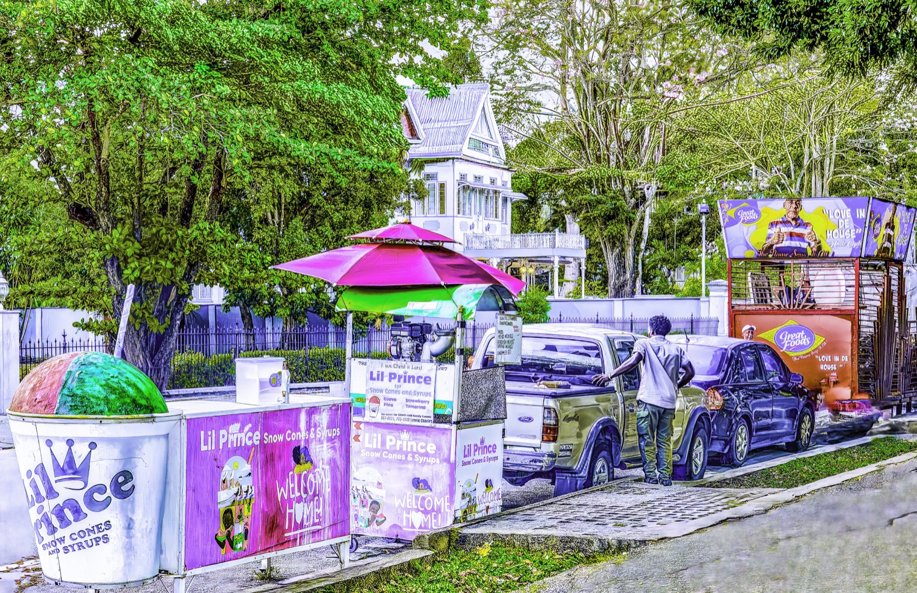 The Lil Prince snow cone cart parked outside the old school